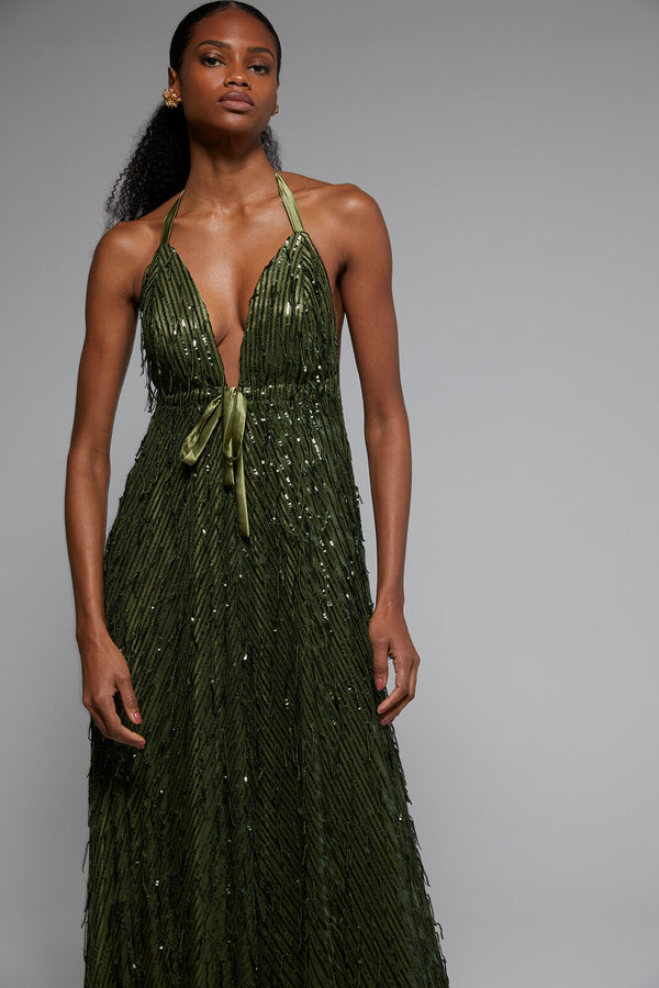 Green sequin dress long best sale