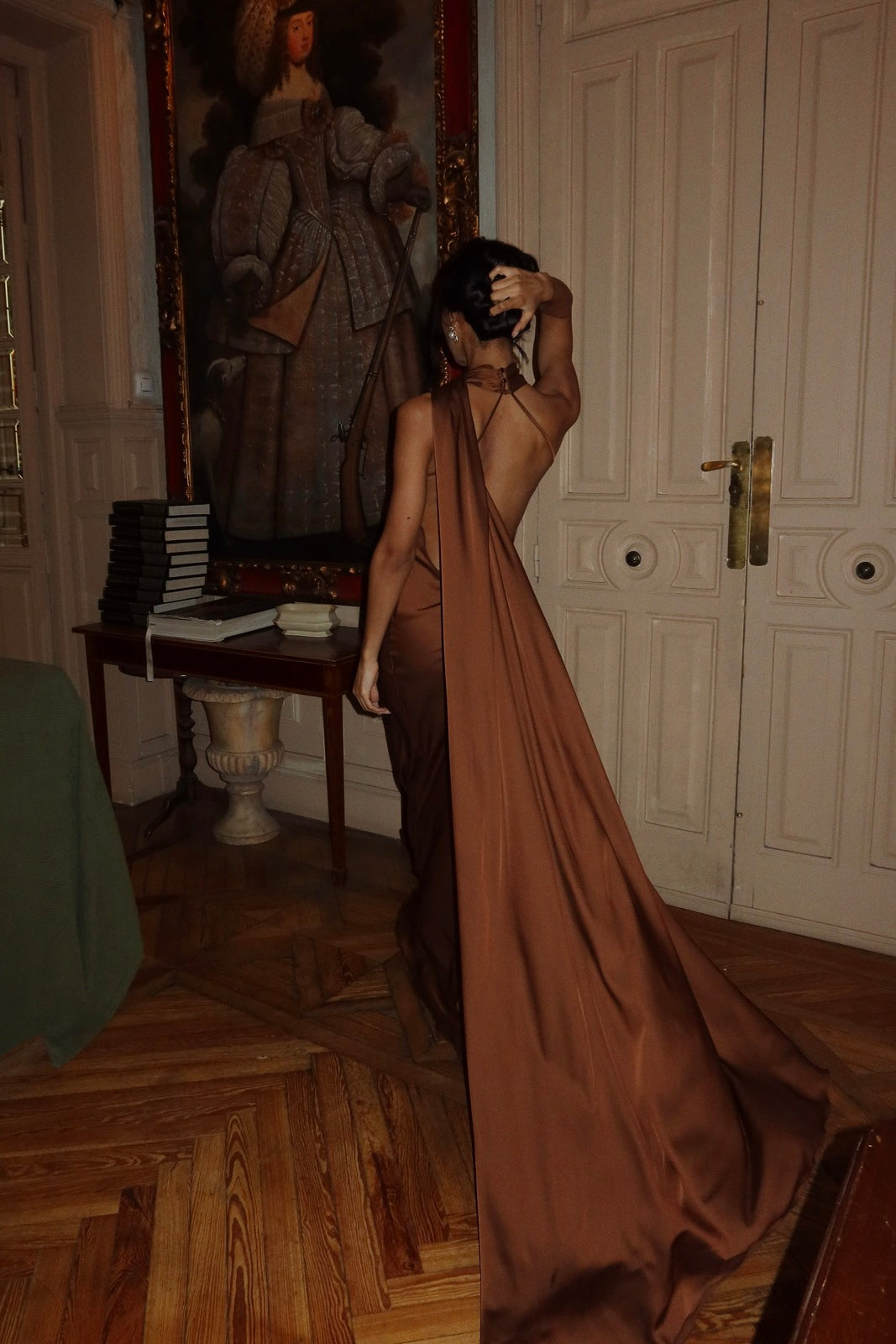 LONG BROWN DRESS WITH CAPE