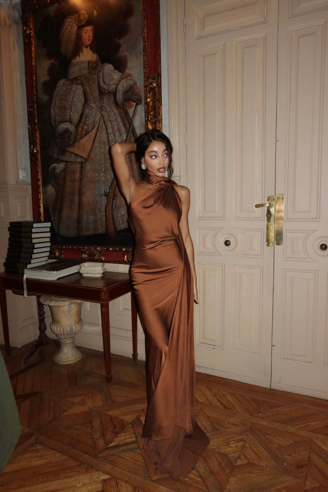 LONG BROWN DRESS WITH CAPE