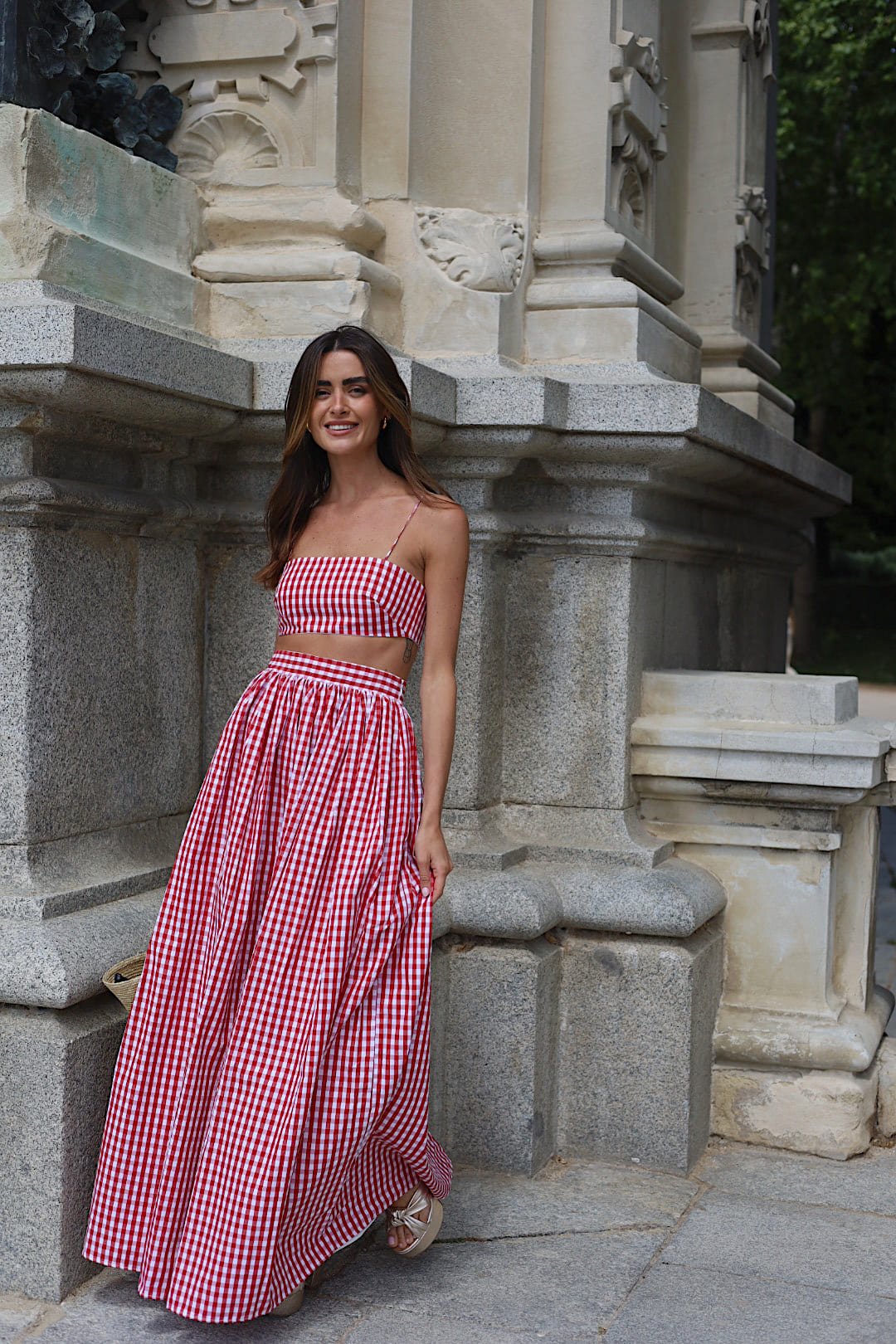 LONG RED CHECKERED CHAMBRAY SKIRT