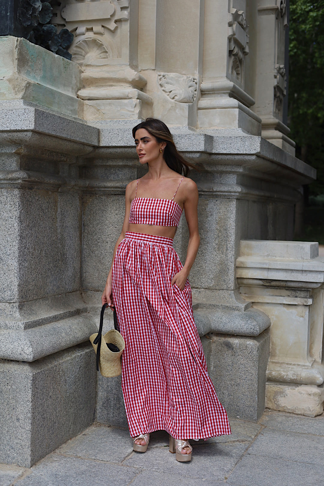 LONG RED CHECKERED CHAMBRAY SKIRT