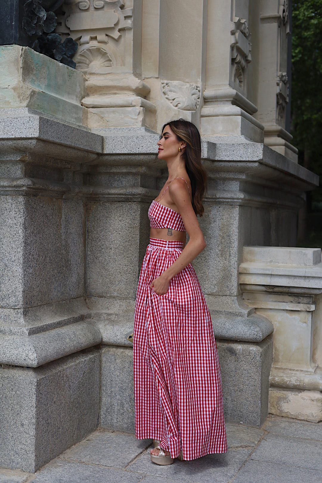 LONG RED CHECKERED CHAMBRAY SKIRT