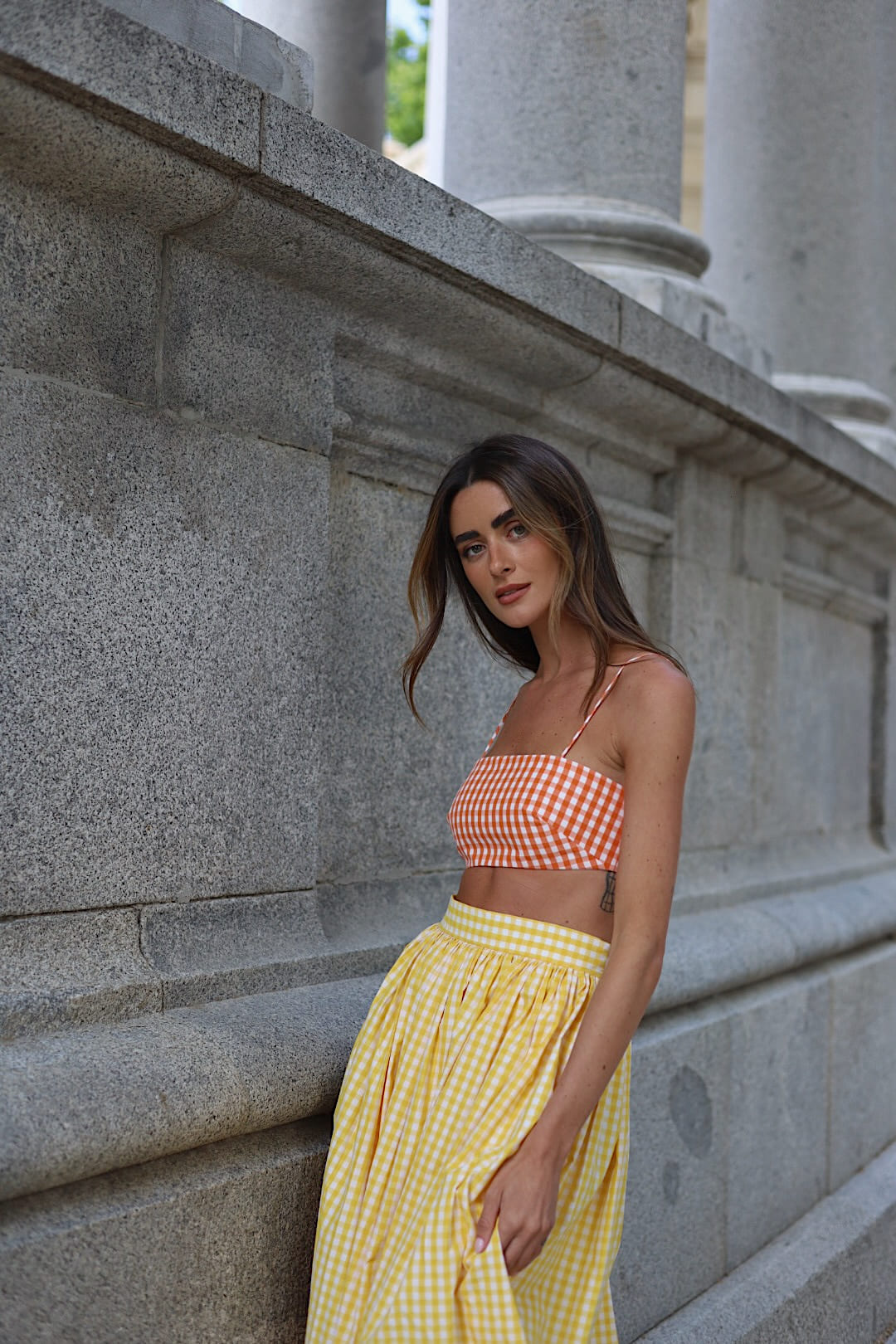 ORANGE CHECKERED CROP TOP CHAMBRAY