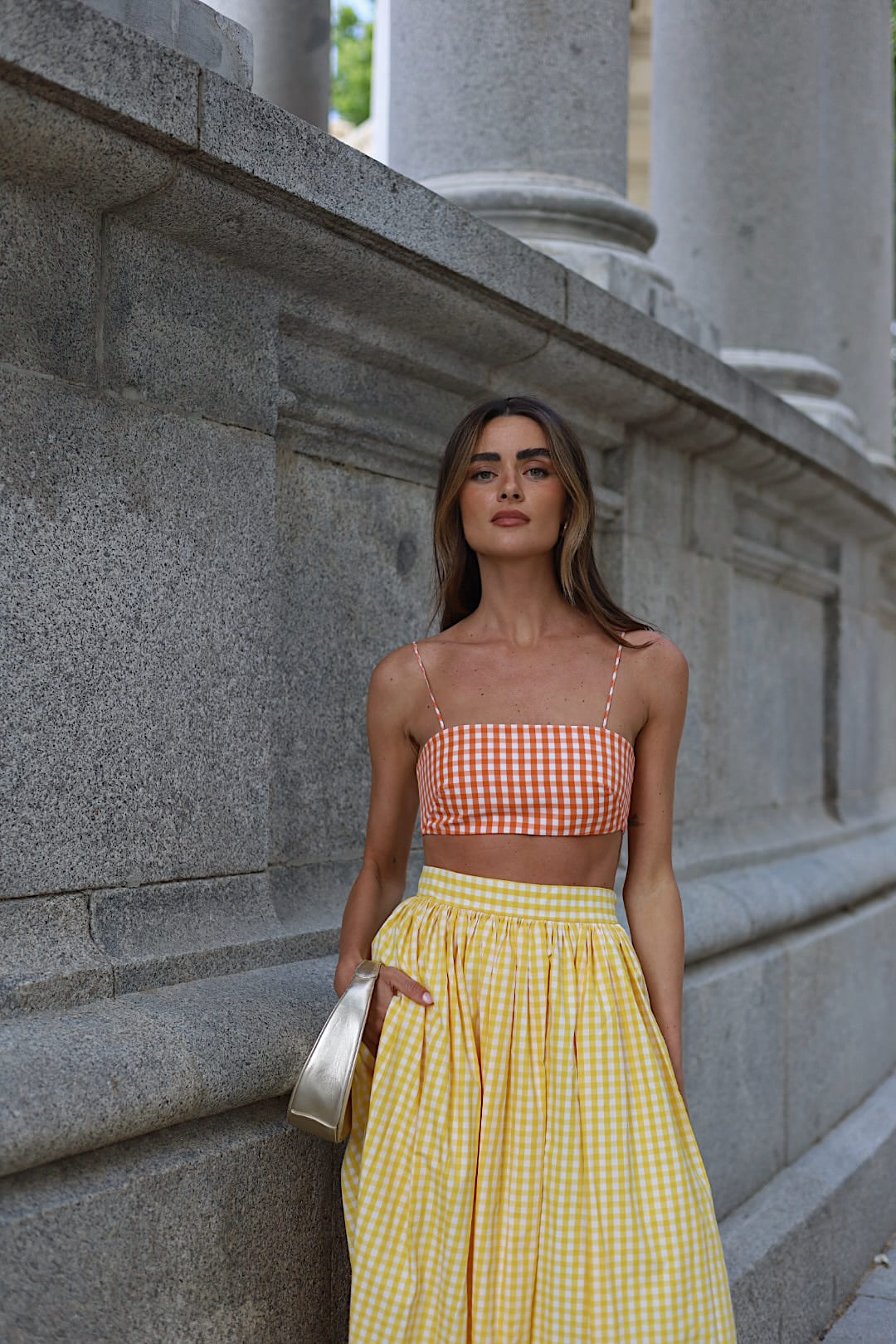 ORANGE CHECKERED CROP TOP CHAMBRAY