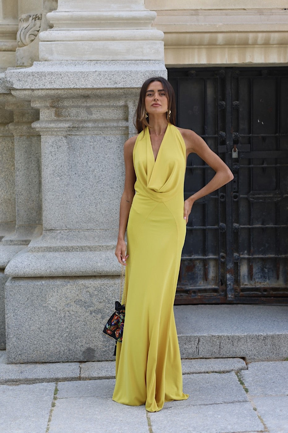 LONG YELLOW KNITTED DRESS WITH PLUNGING NECKLINE