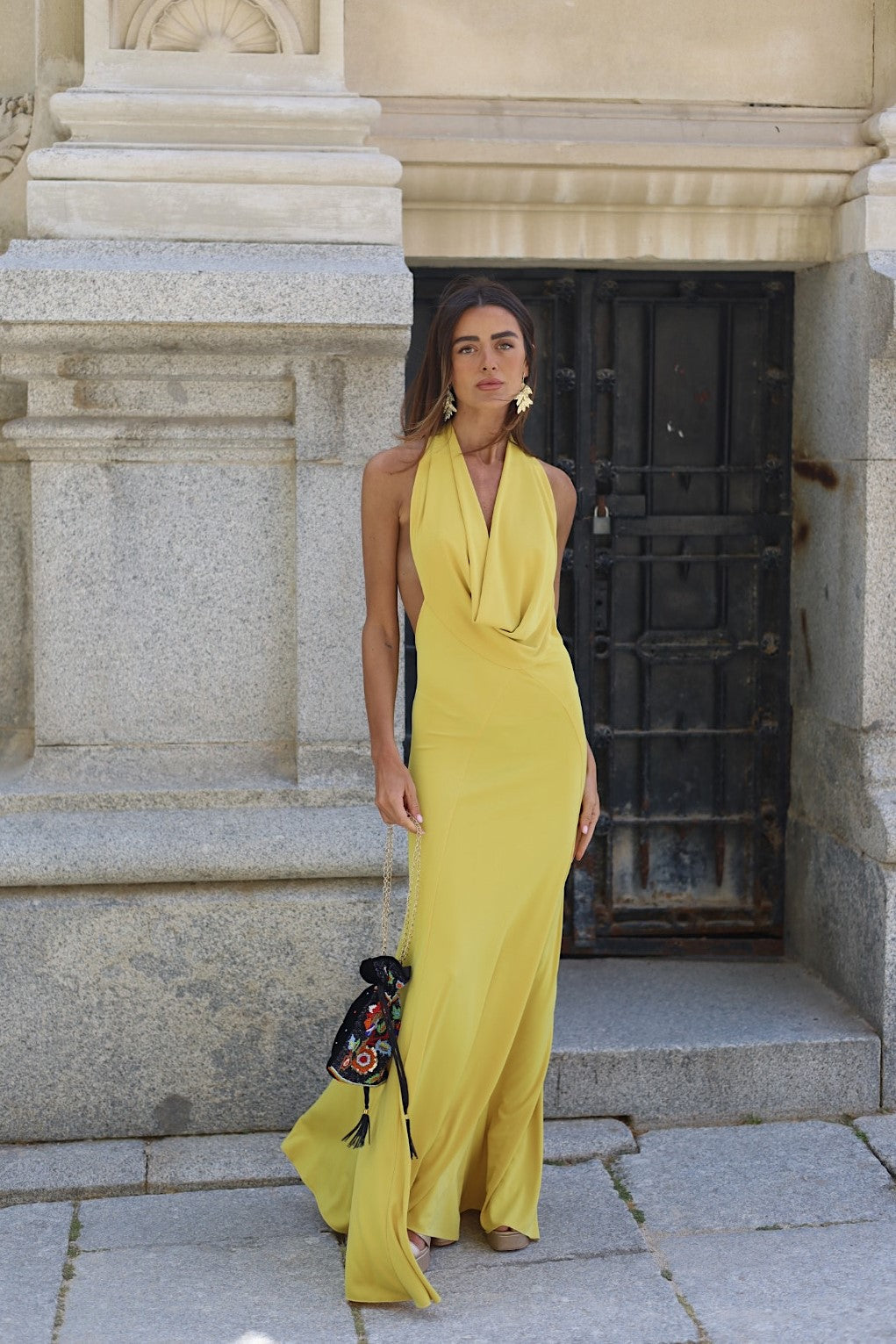 LONG YELLOW KNITTED DRESS WITH PLUNGING NECKLINE