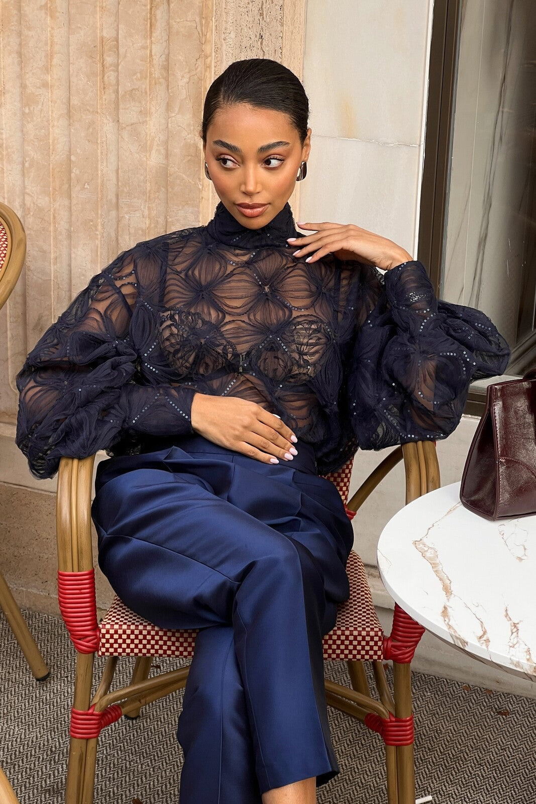 LONG NAVY BLUE TULLE BLOUSE WITH FLOWERS