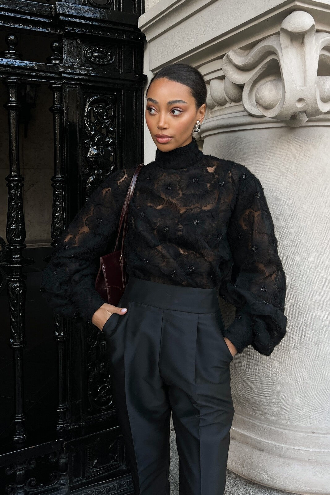 LONG BLACK TULLE BLOUSE WITH FLOWERS