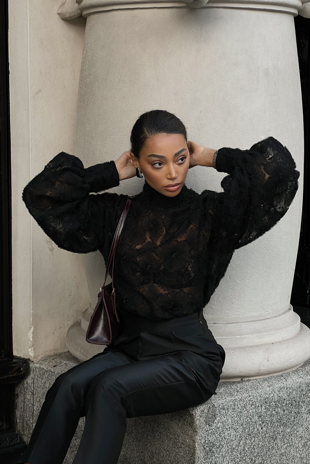 LONG BLACK TULLE BLOUSE WITH FLOWERS