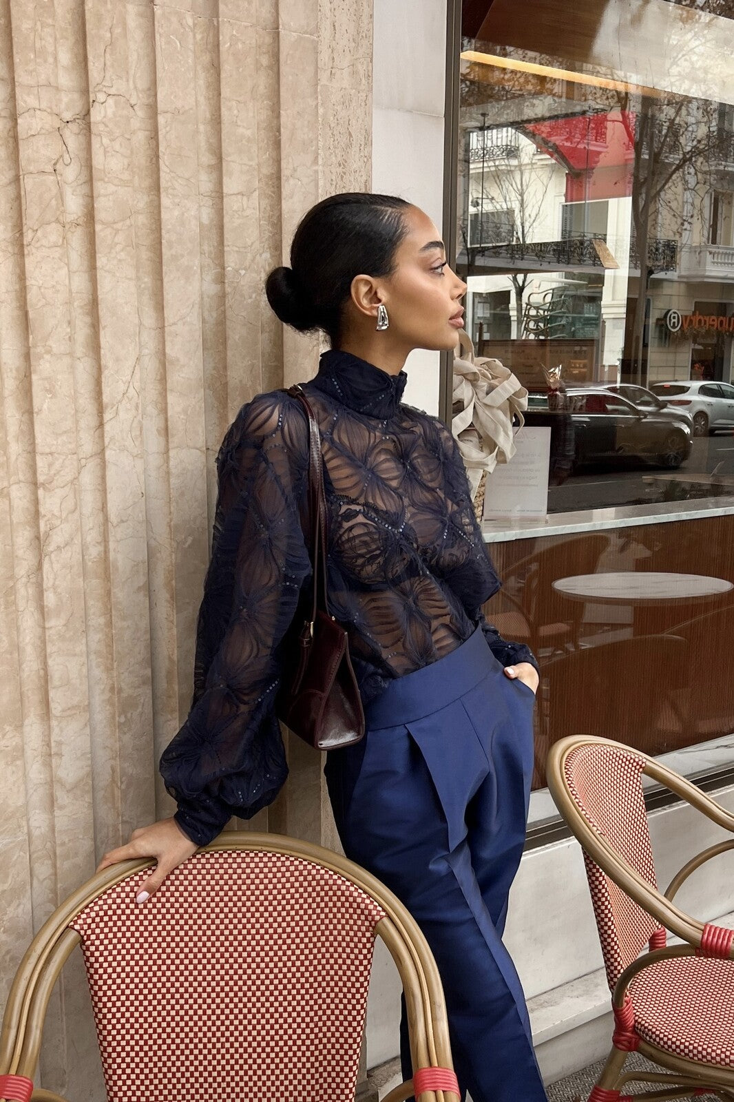 LONG NAVY BLUE TULLE BLOUSE WITH FLOWERS