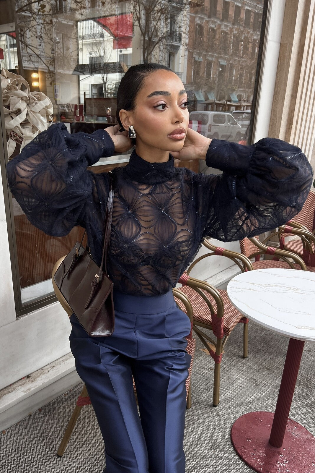 LONG NAVY BLUE TULLE BLOUSE WITH FLOWERS