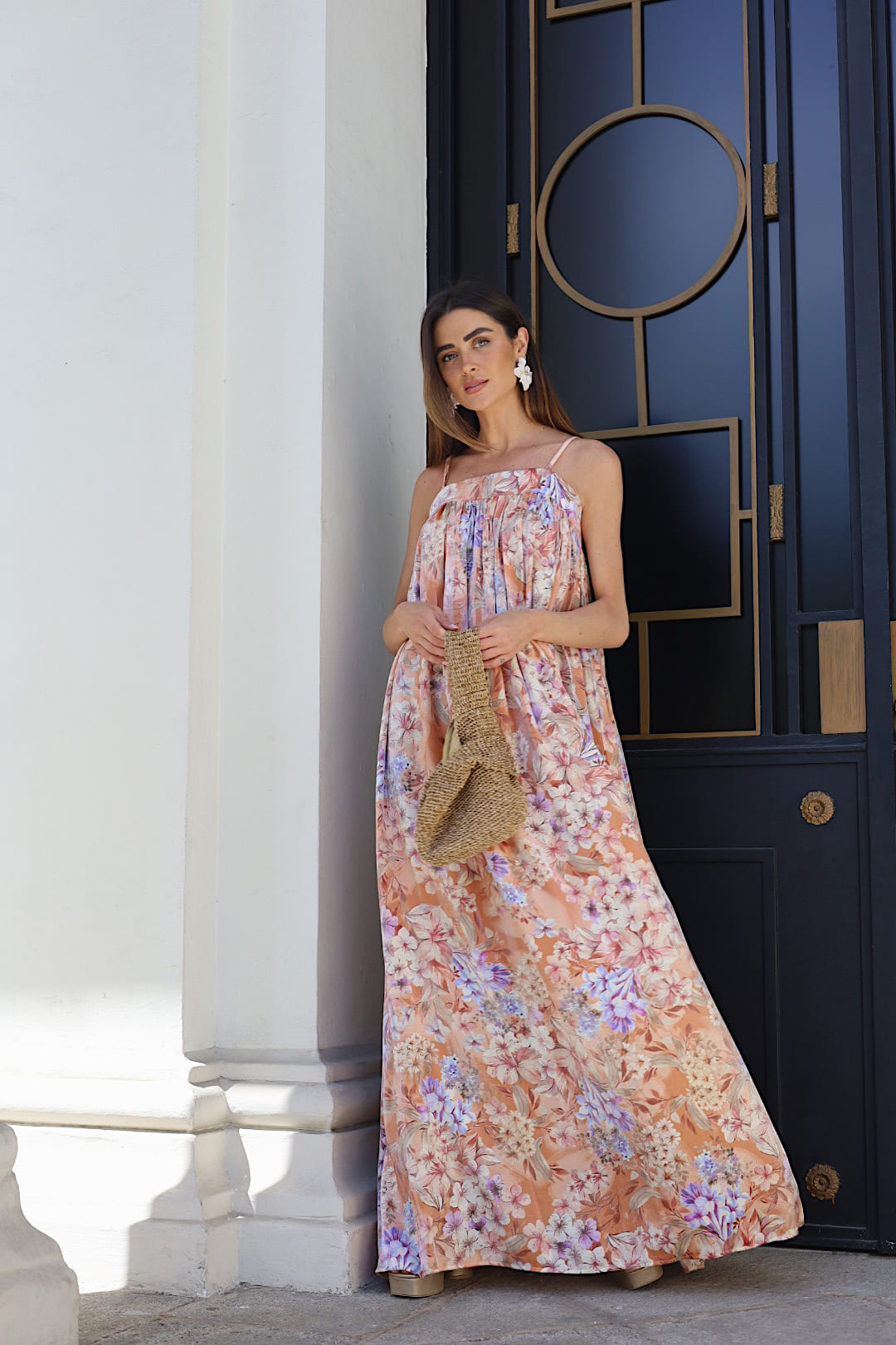 FLOWING SALMON DRESS WITH FLORAL PRINT - KAOÂ